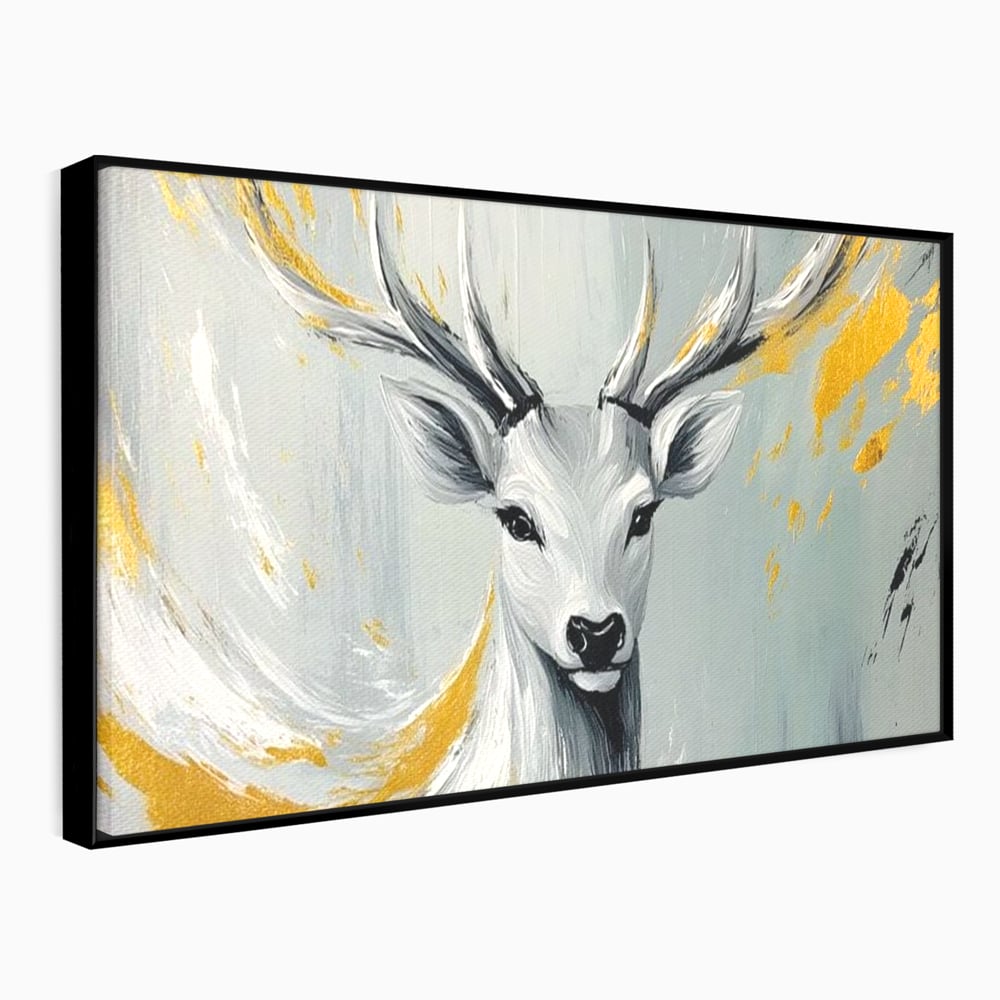 Tablou canvas cu pictura cu portret de cerb si detalii aurii, in rama de aluminiu negru